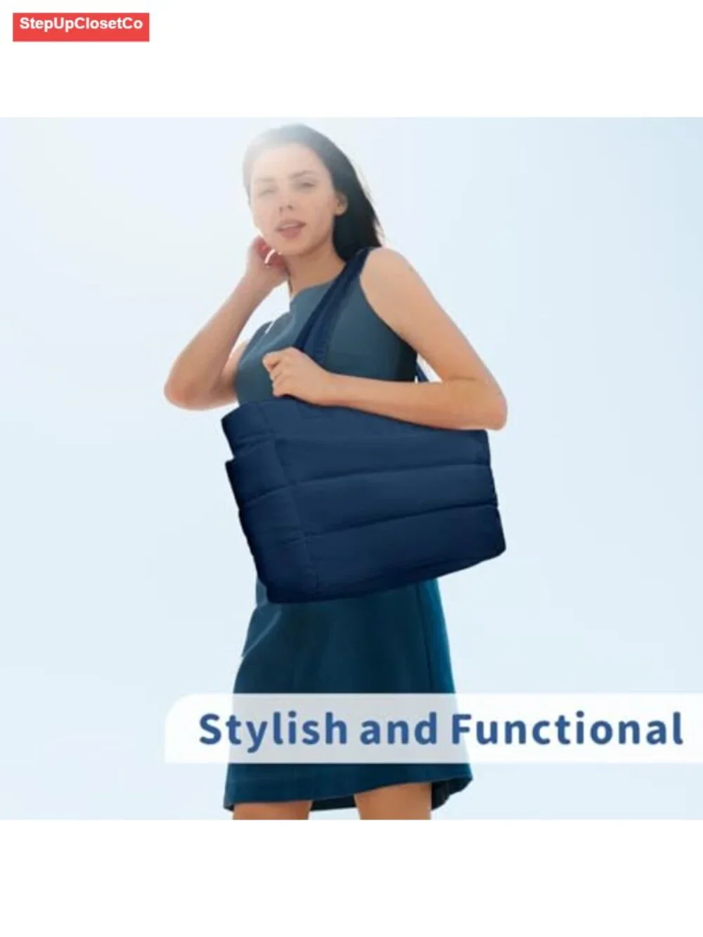 Lightweight Puffy Quilted Tote Bag with 9 Pockets, Laptop Sleeve, Travel Work